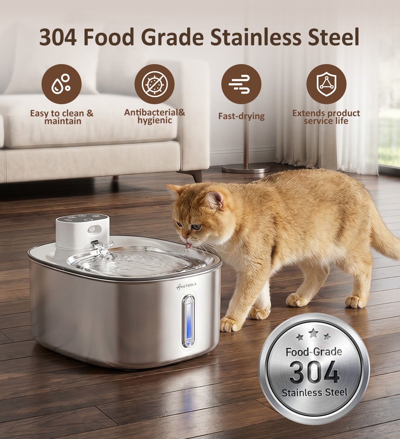 Apetdola SL Stainless Steel Pet Fountain FS11 PRO